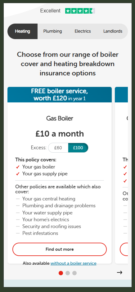 Heating insurance comparison PLP showing single-category cover cards in a swipeable carousel