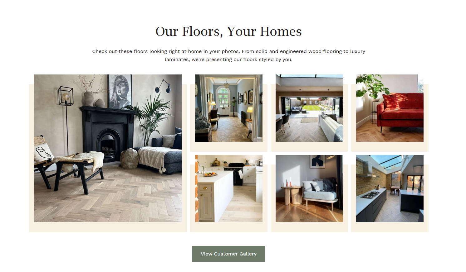 Customer gallery section embedded on the homepage with eight room photos and a View Customer Gallery button