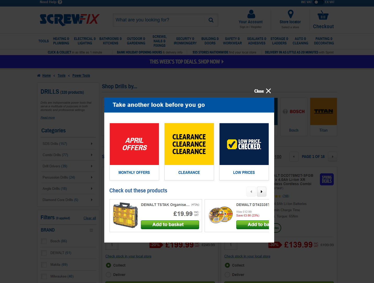 Exit-intent modal showing offer category tiles and a product carousel of category-relevant clearance items