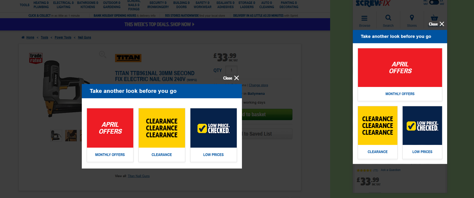 Variation 1 modal showing three category tiles for Monthly Offers, Clearance, and Low Prices