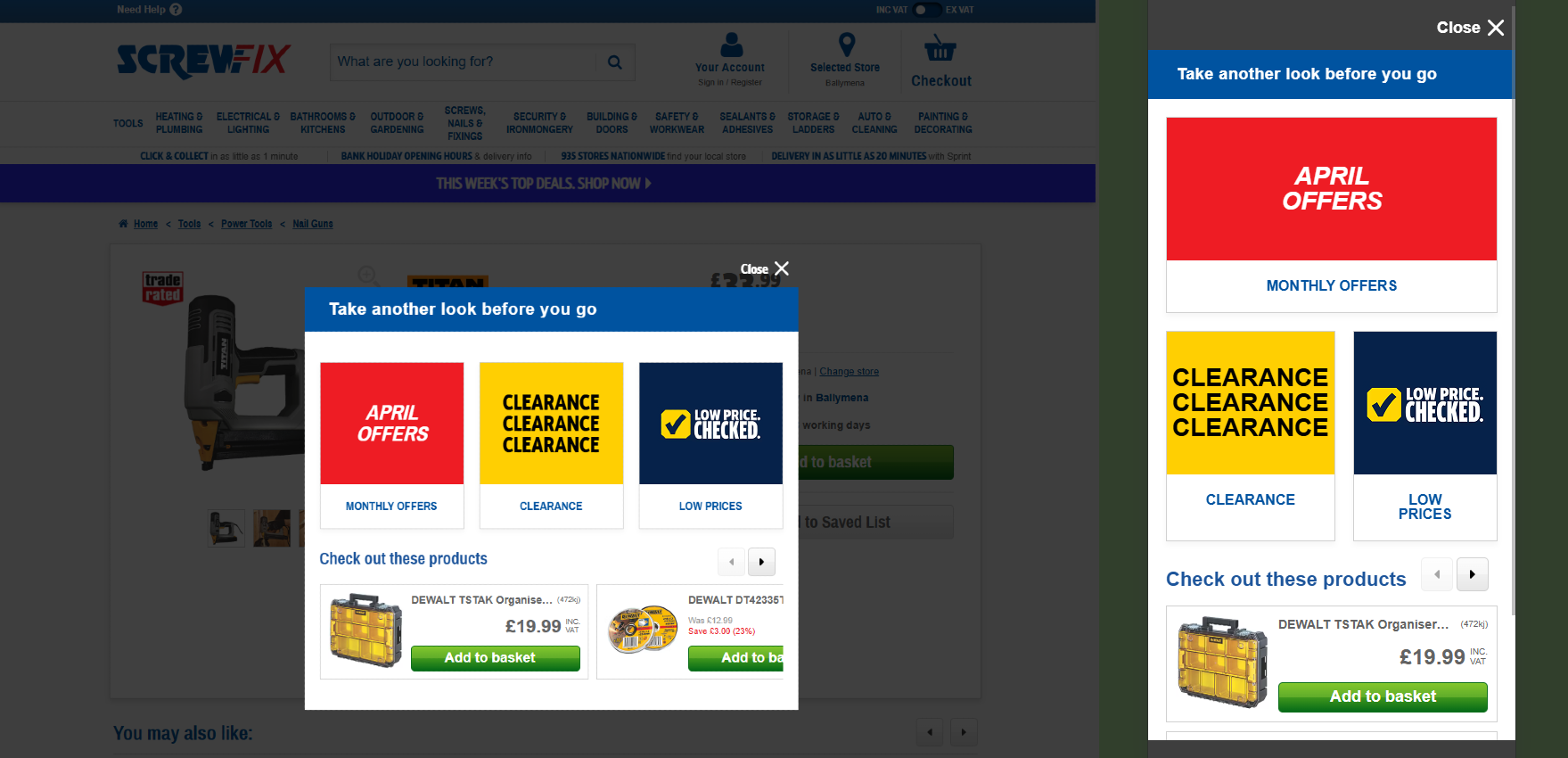 Variation 2 modal showing category tiles plus a product carousel with inline add-to-basket