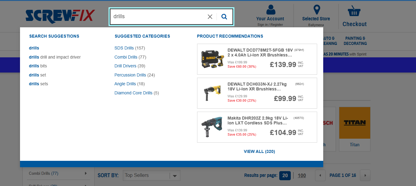Variation 2 — adds a suggested categories column between search suggestions and product recommendations