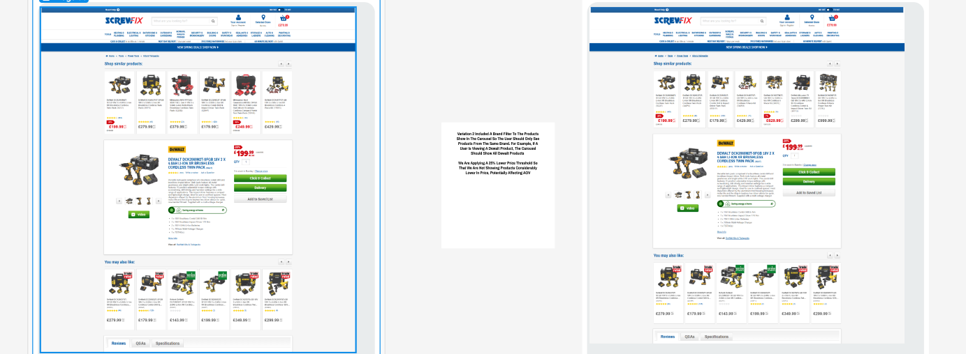 Side-by-side wireframes comparing Control, Variation 1, and Variation 2 carousels on PDP